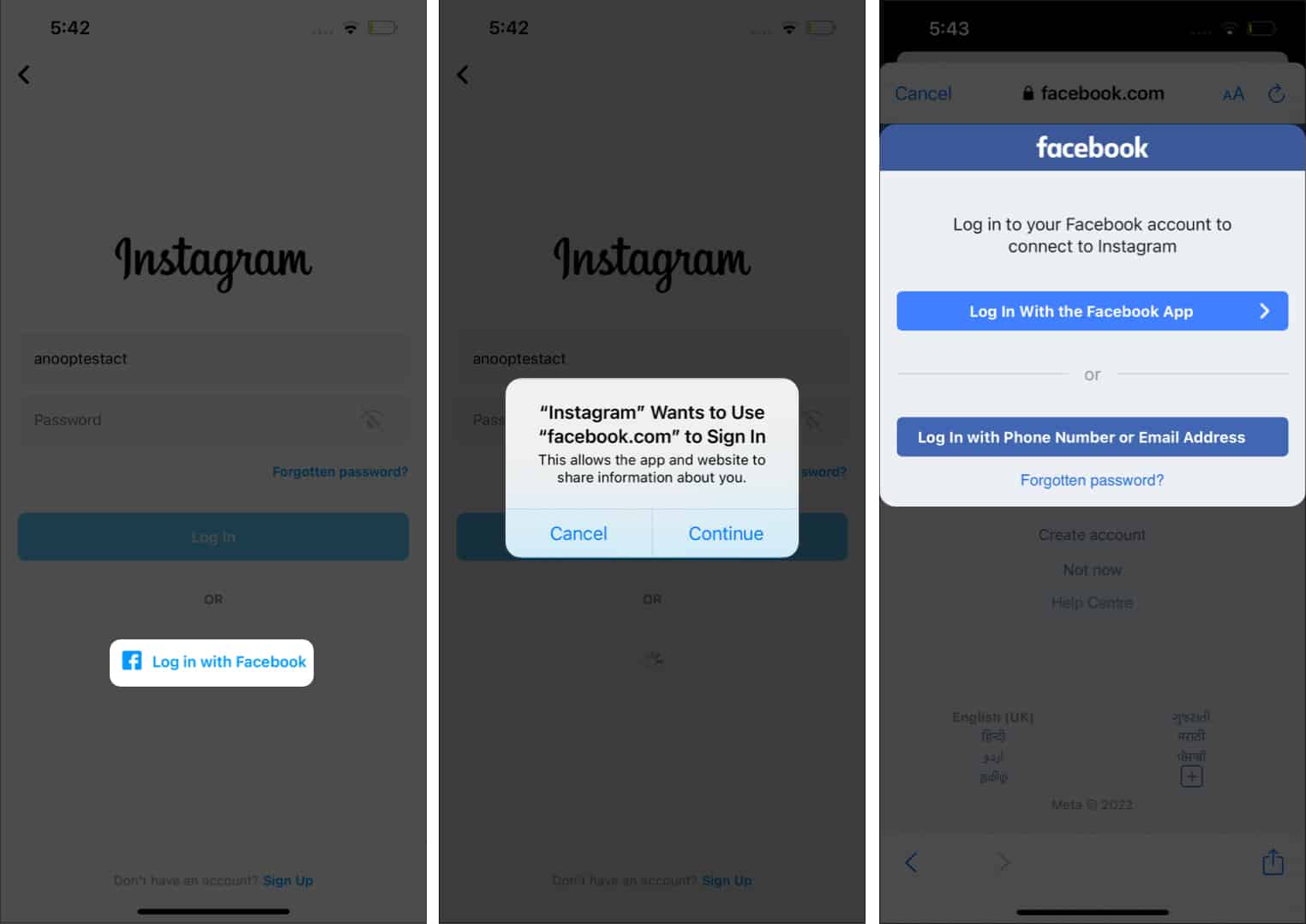 Login Instagram account using Facebook