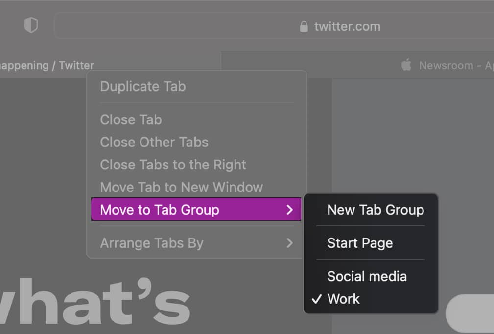 Move tab to another Tab Group in Safari on Mac