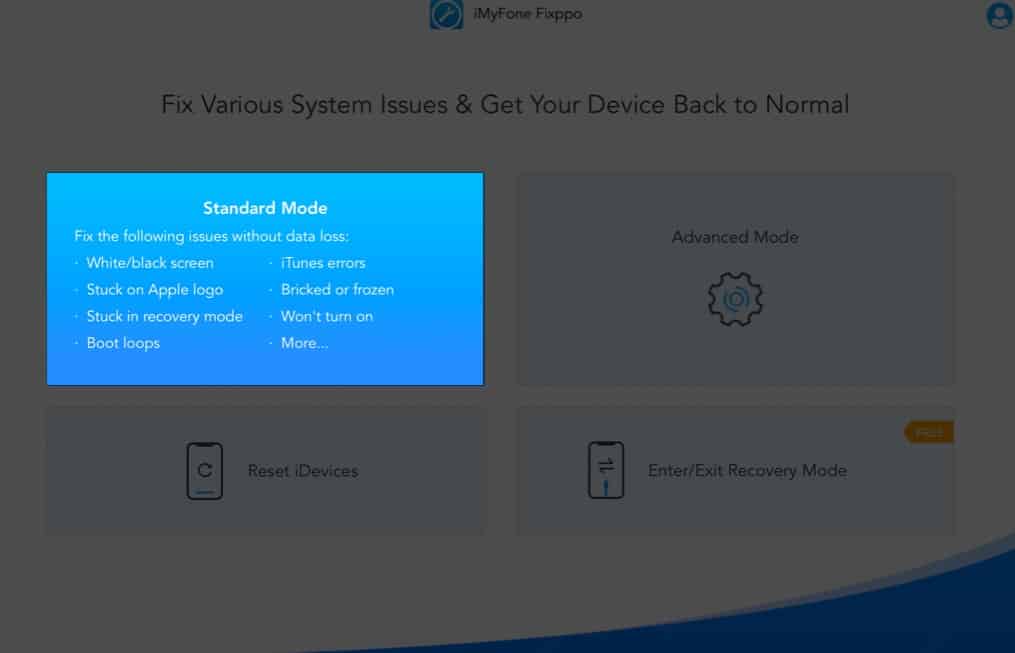 Choosing Standard Mode in iMyFone Fixppo System Recovery