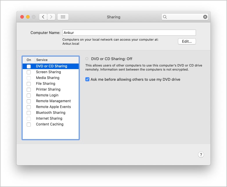 Uncheck Mac sharing preferences like printer or hard disk