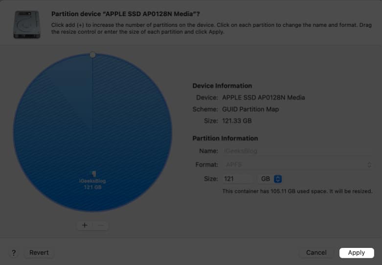 click apply to delete partition on macOS