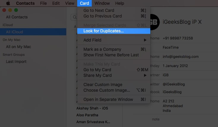 click on card from top menubar and then click on look for duplicates on mac