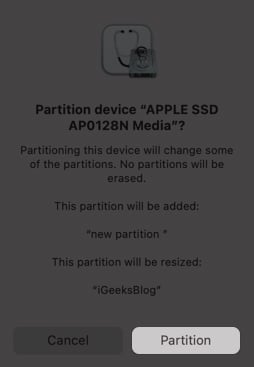 confirm again by clicking partition
