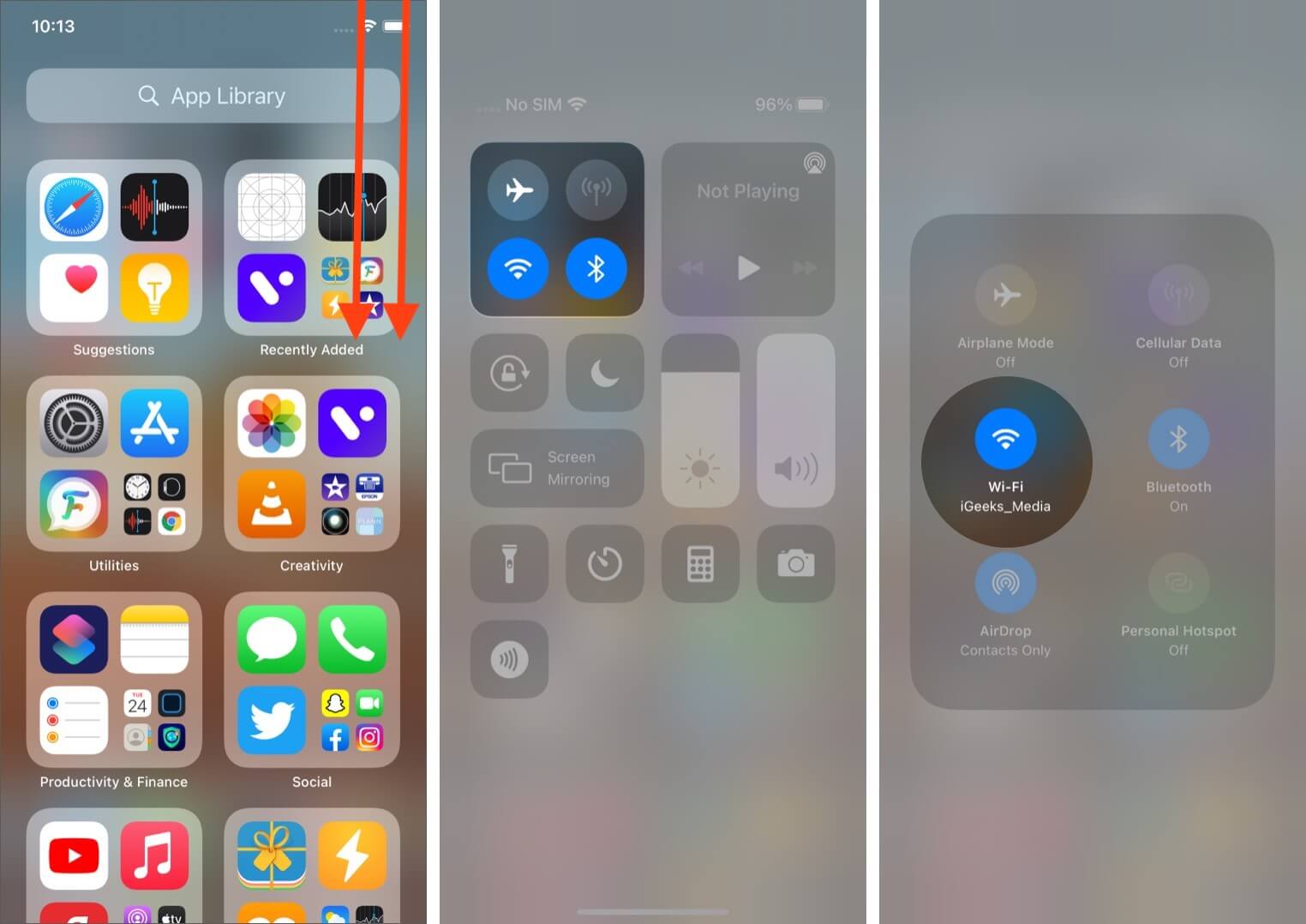 Open Control Center Long Press on Four-Icon Section and Then Long Press on WiFi Icon on iPhone