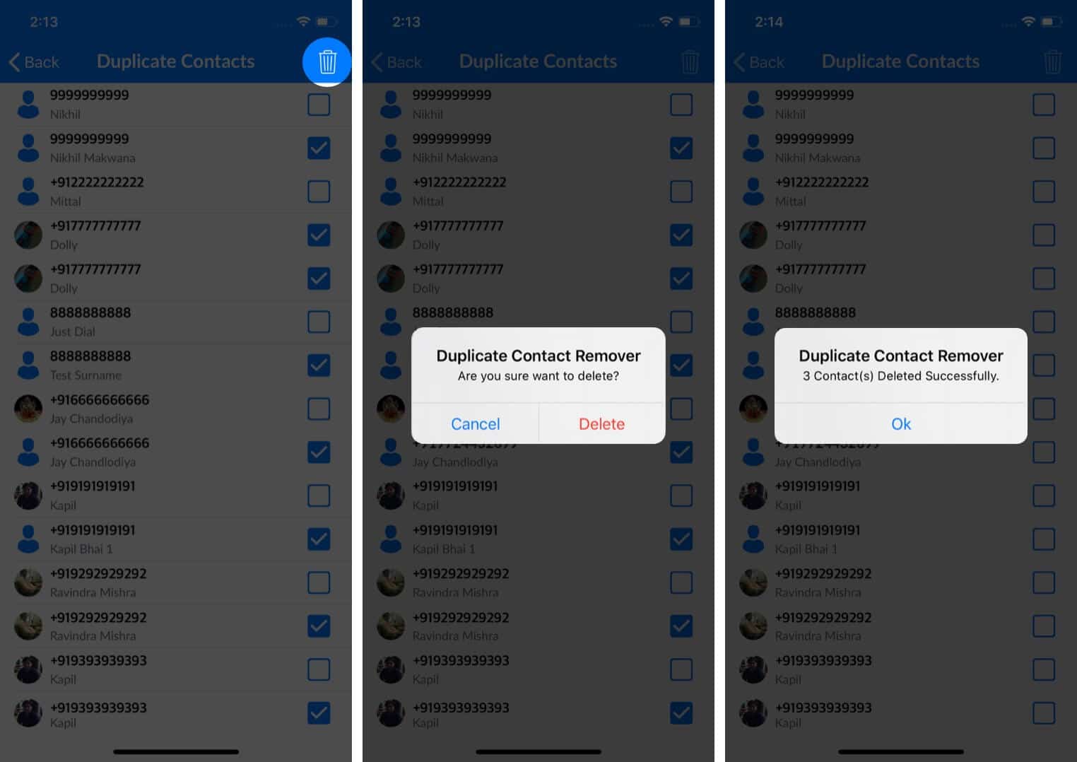 select contacts and tap on delete to remove duplicate contacts using third-party apps on iphone