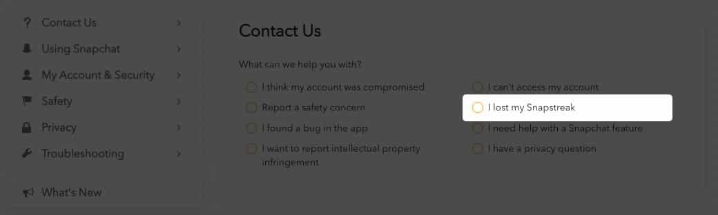 select the I lost my Snapstreak option in Snapchat on Mac