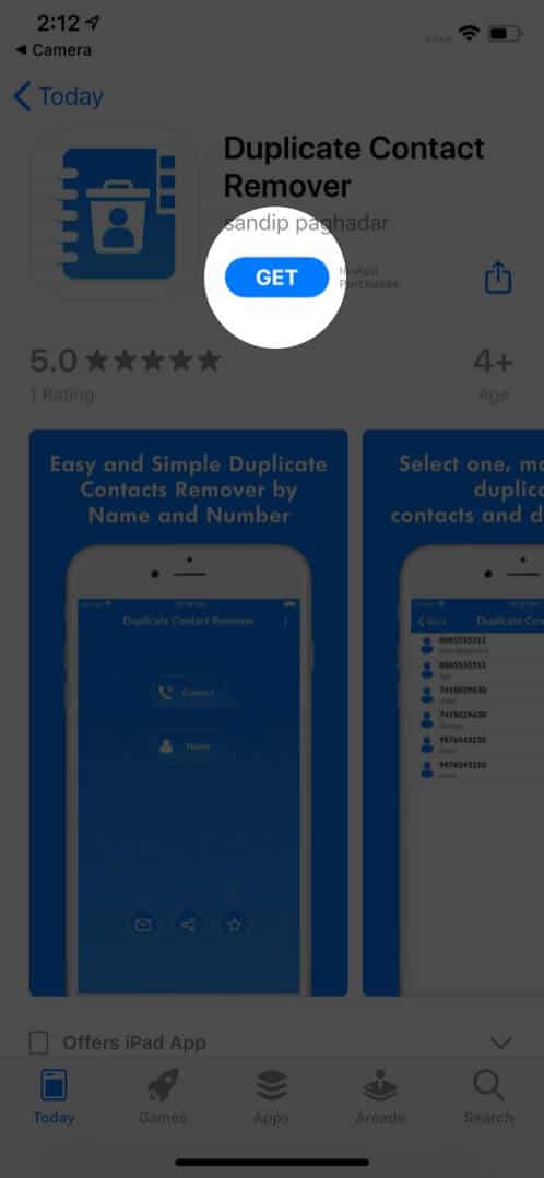 tap on get to download duplication contact remover from app store on iphone