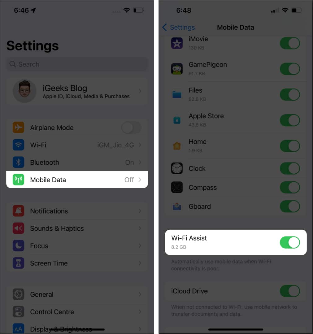 toggle off wifi assist