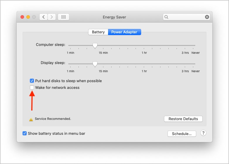 Uncheck Wake for network access in Energy Preferences