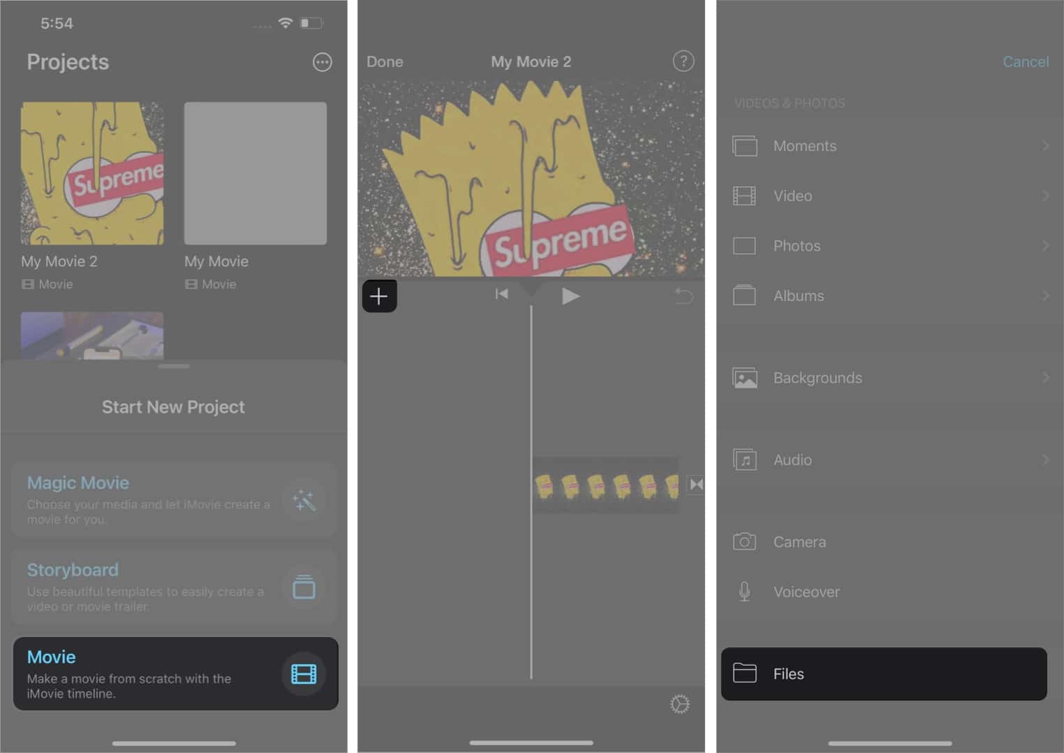 Kroky pro přidání hudby do iMovie na iPhone