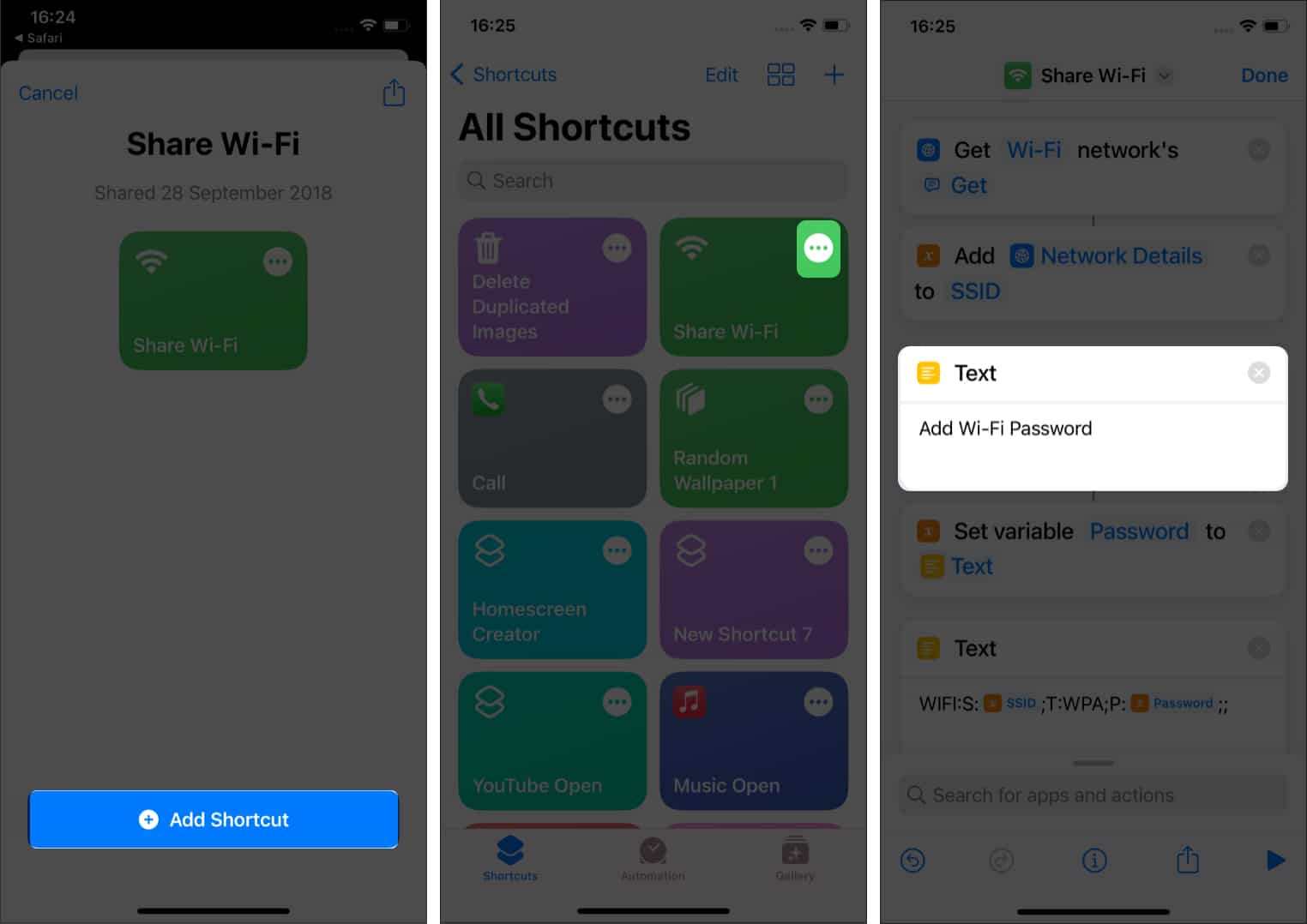 Lägg till Wi-Fi-lösenord i appen Genvägar på iPhone