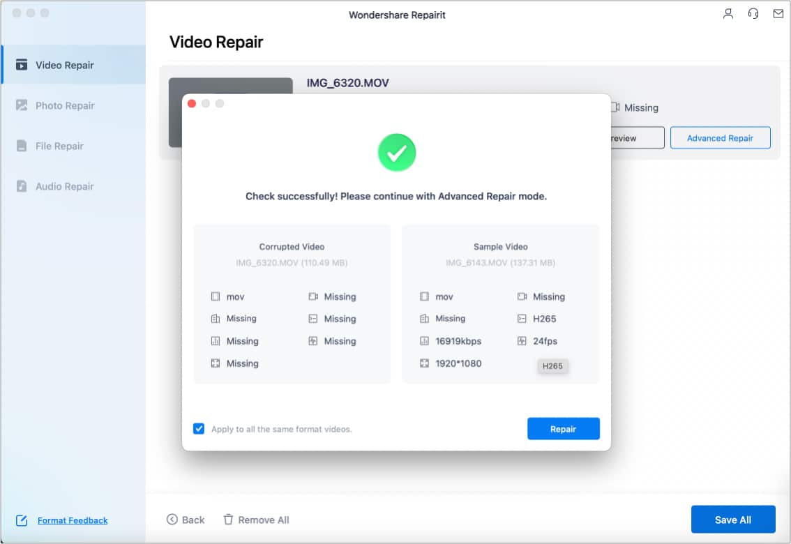 Advanced repair mode of wondershare repairit mac app Advanced repair mode of Wondershare Repairit Mac app