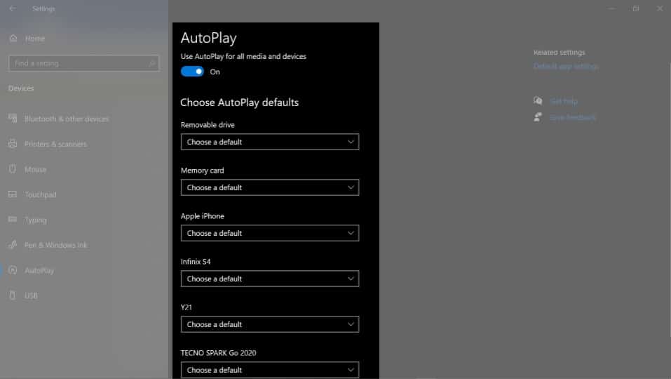 Autoplay options on a Windows 10 PC