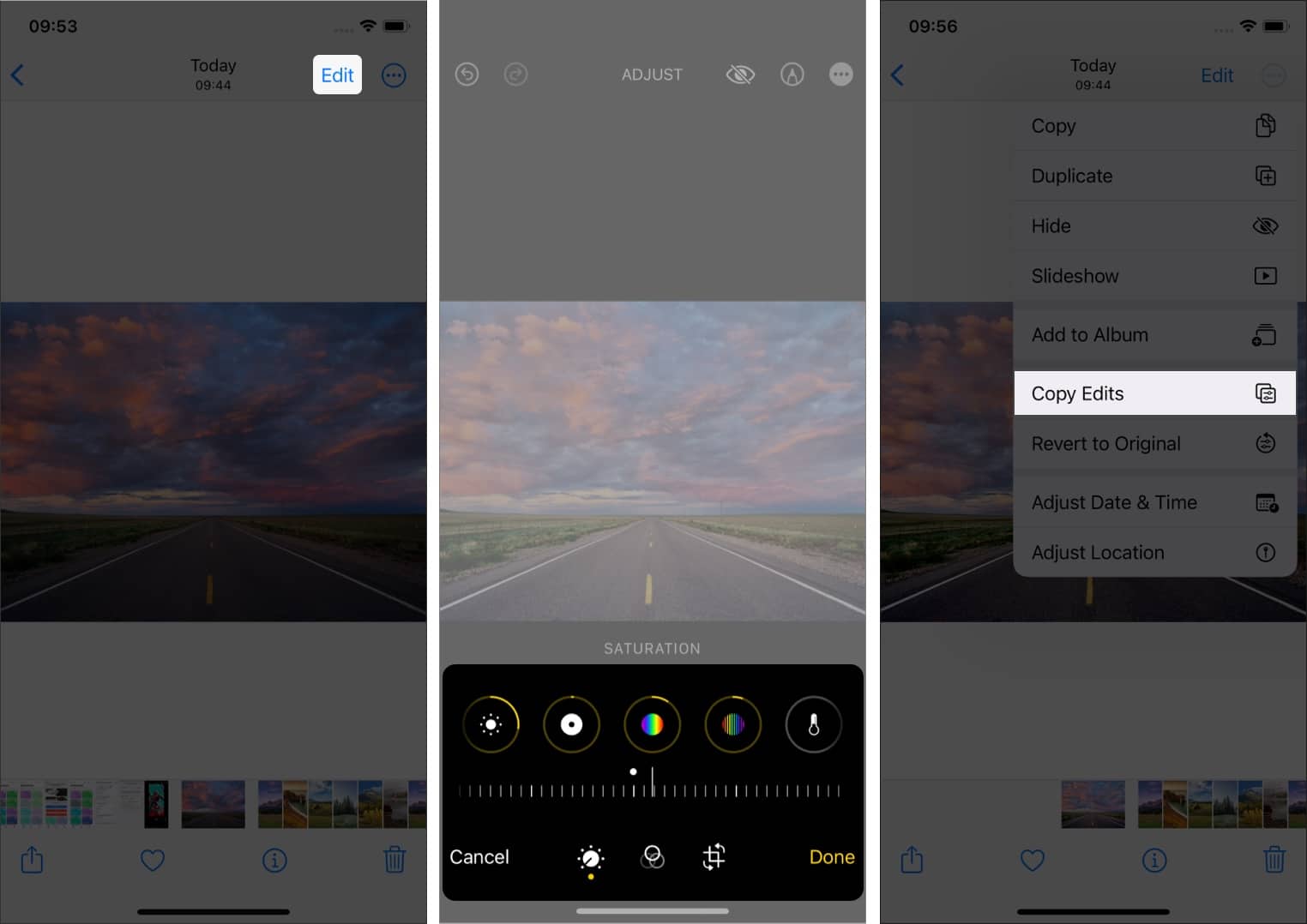 Steps to Copy and Paste edits in photos on iPhone