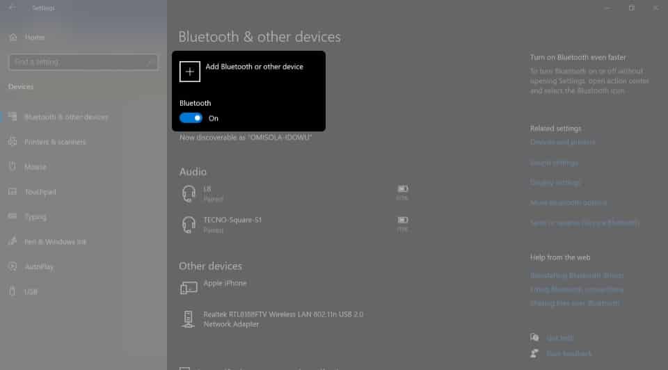 Enabling Bluetooth on a Windows 10 PC