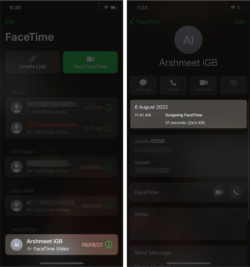 Check FaceTime call duration on iPhone through FaceTime app