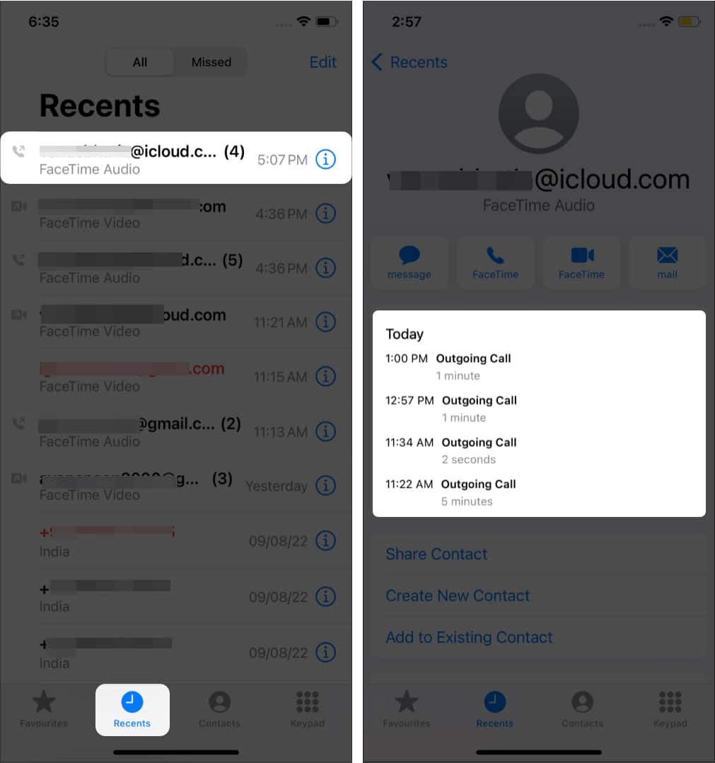 Ellenőrizze a FaceTime hívás időtartamát iPhone-on a Telefon alkalmazáson keresztül