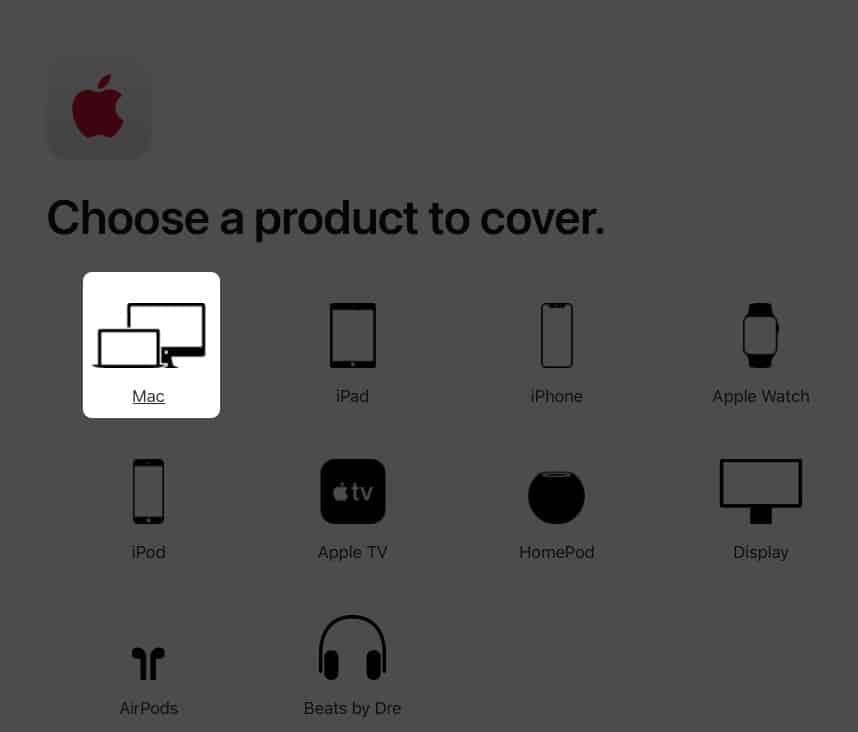 Choosing Mac icon to cover under AppleCare