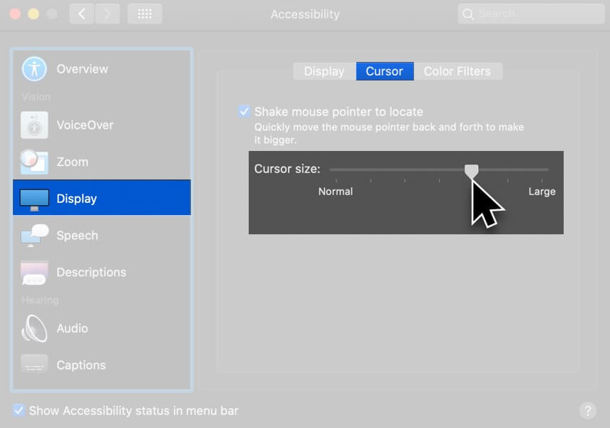 Click on Display from Sidebar and Move Cursor Size Slider in Mac System Preferences