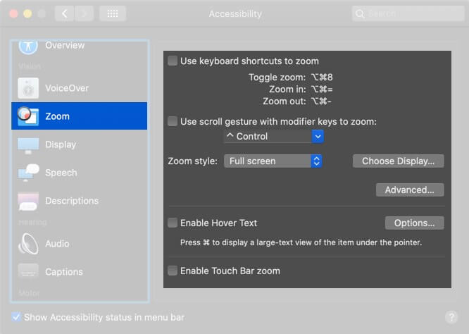 Click on Zoom from Sidebar and Uncheck All Options in Mac System Preferences