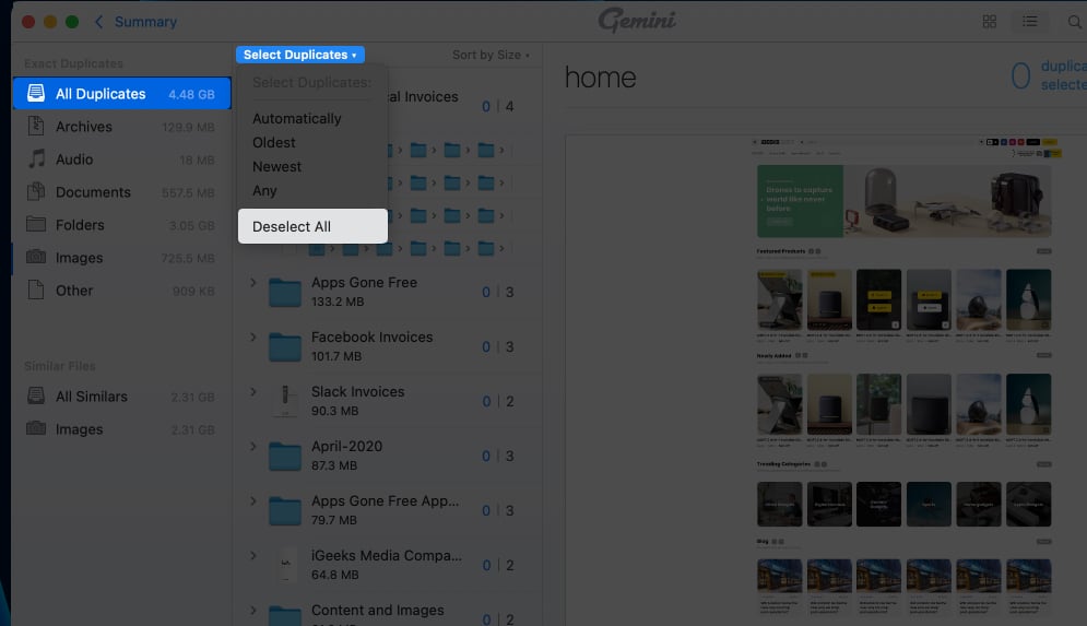 Deselect All images from Gemini 2 app for Mac