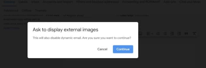 A prompt to confirm displaying external images in Gmail