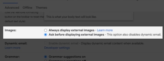 Možnost Zobrazit externí obrázky v nastavení Gmailu