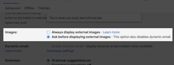 Külső képek megjelenítése a Gmail beállításaiban