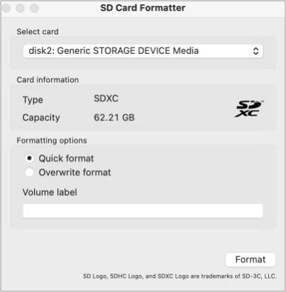 Format SD card using SD Card Formatter software for Mac