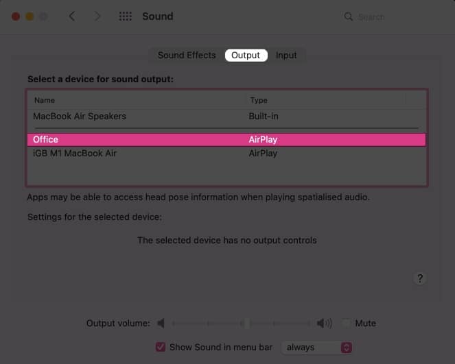 HomePod Connection Status on a Mac in Sound Settings