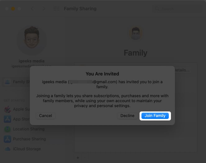 Join a family group in family sharing on Mac