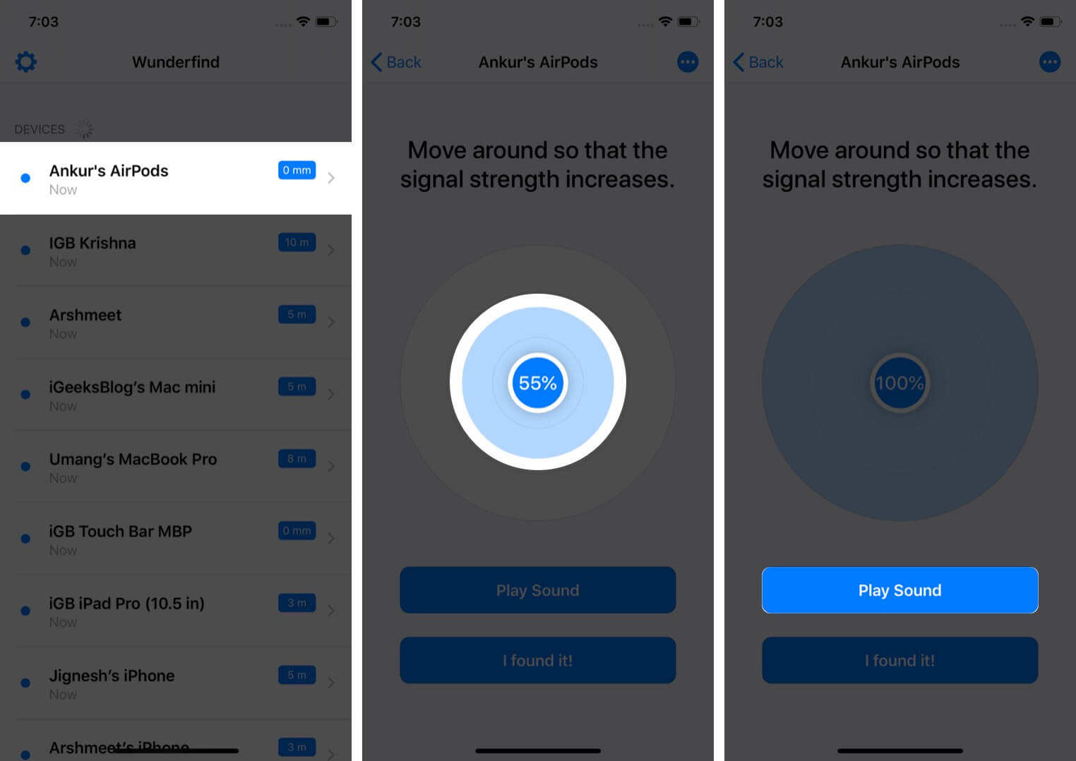 Launch Wunderfind App and Tap on AirPods Name and Then Tap on Play Sound on iPhone