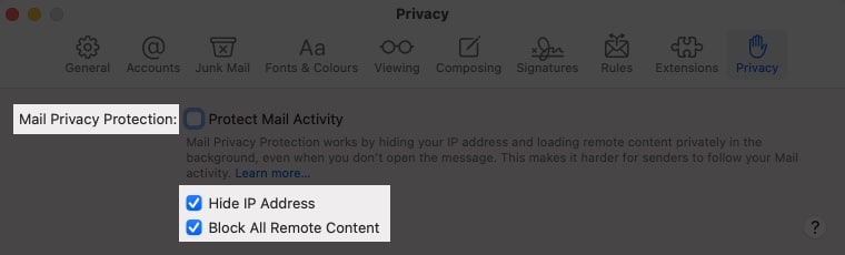Nastavení soukromí pošty pro zastavení sledování pošty na Macu