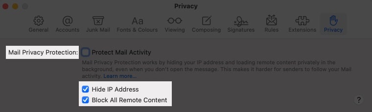 Levelezési adatvédelmi beállítások a levelek követésének leállításához Mac számítógépen