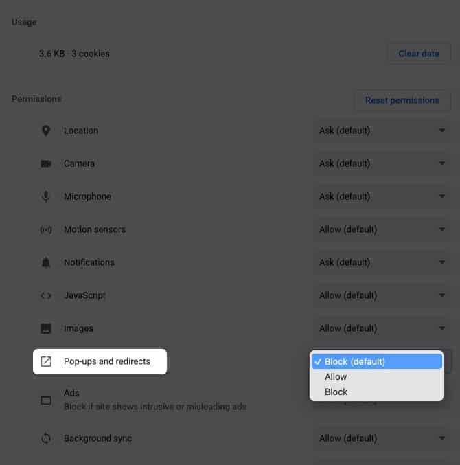 Pop-ups and redirect settings in Chrome on Mac