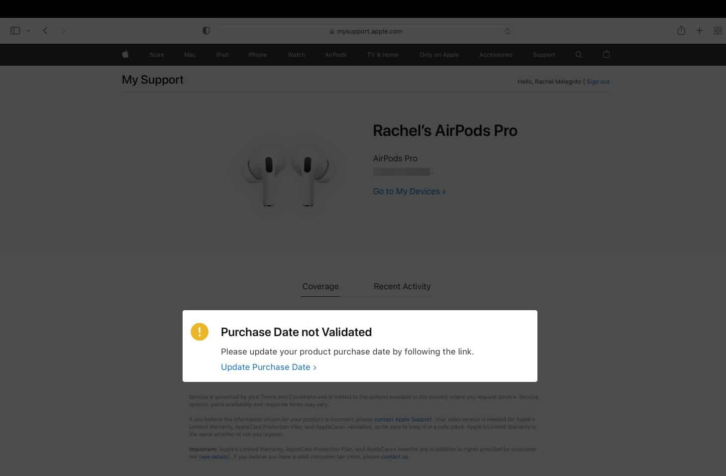 Purchase Validation error in a Browser on a Mac