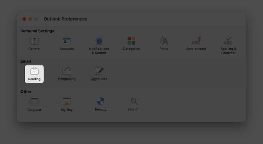 Vyberte Čtení v Předvolbách v aplikaci Outlook pro Mac