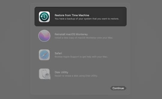 Memilih pemulihan daripada sandaran Time Machine pada Mac