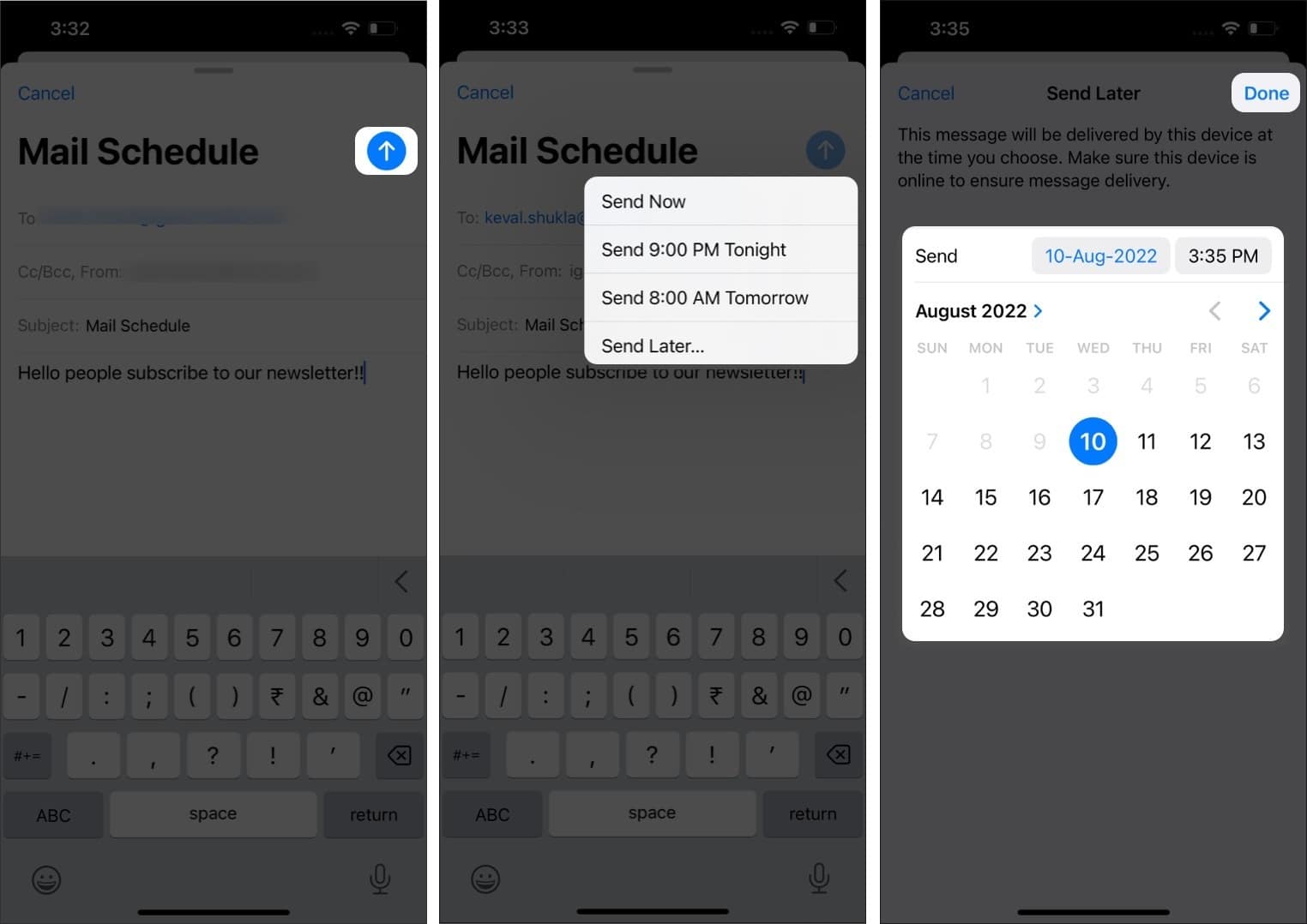 Steps to schedule emails in Apple Email on iPhone and iPad