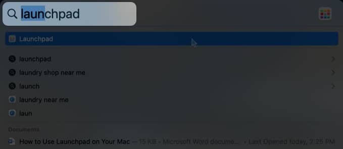Searching Launchpad in Spotlight on a Mac