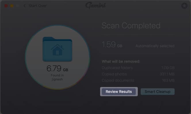Select the Review Results option from the prompt on Mac