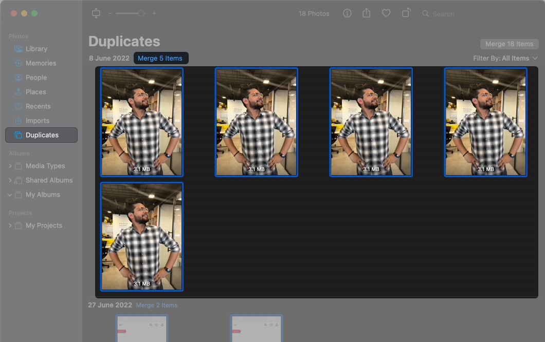 Select unwanted duplicates from Photos app on Mac