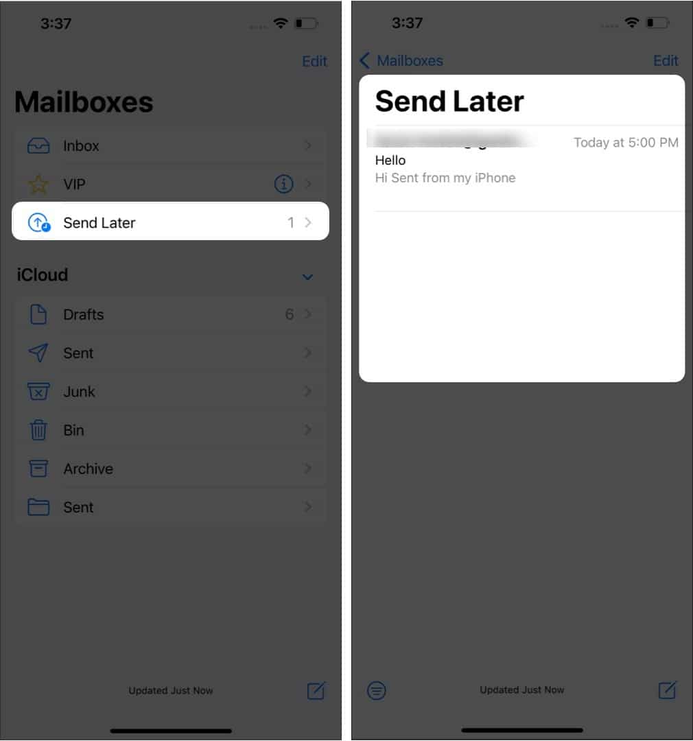 Send Later folder in Mailbox on an iPhone