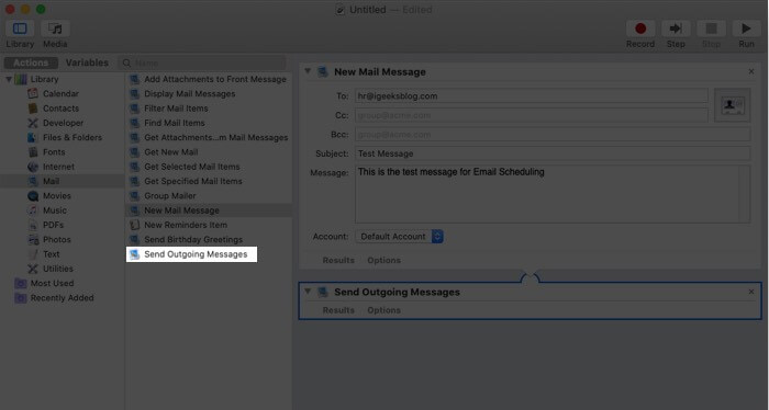 Send Outgoing Messages option to schedule email using Automator