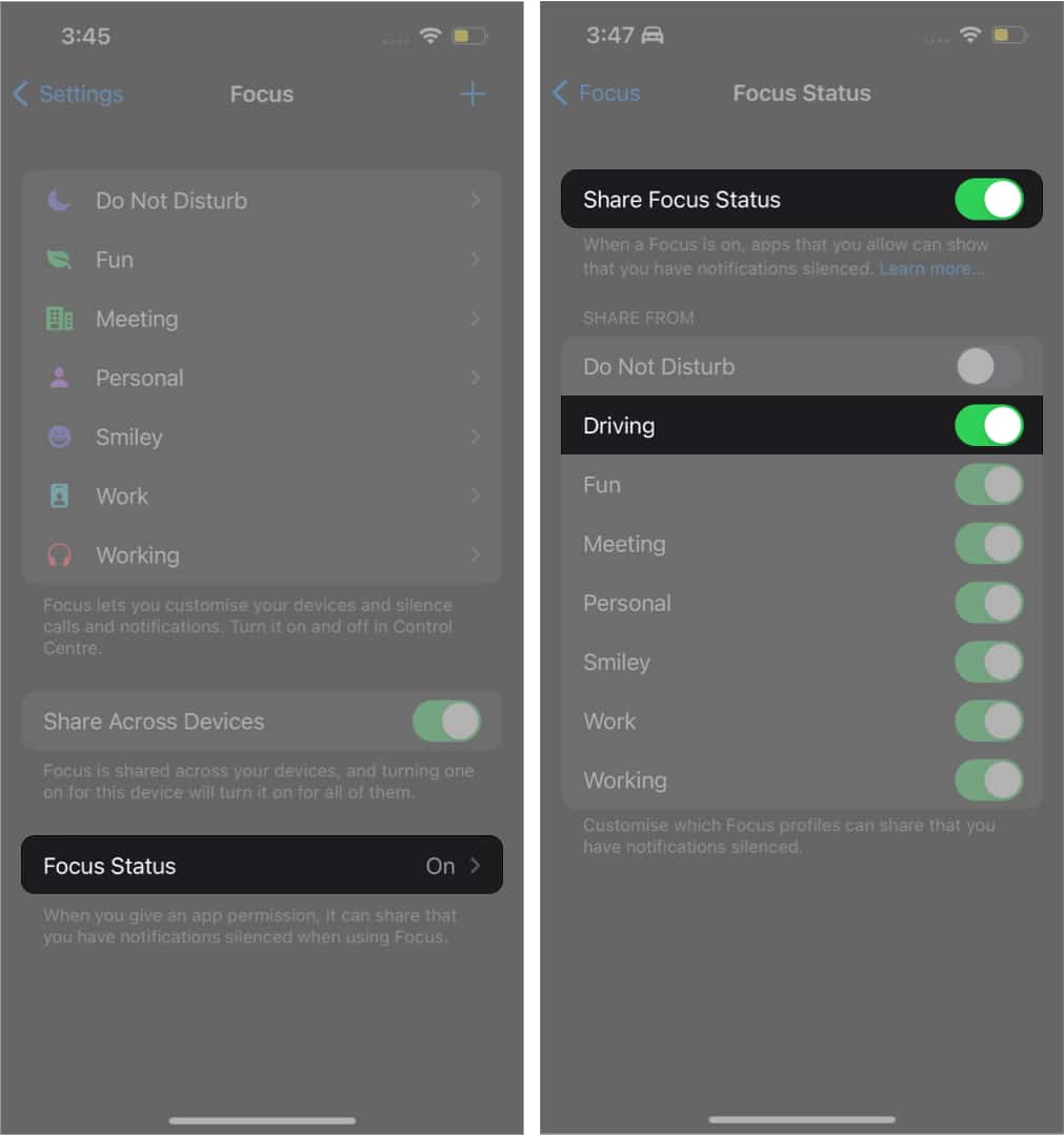 Share Focus Status on iPhone in iOS 16