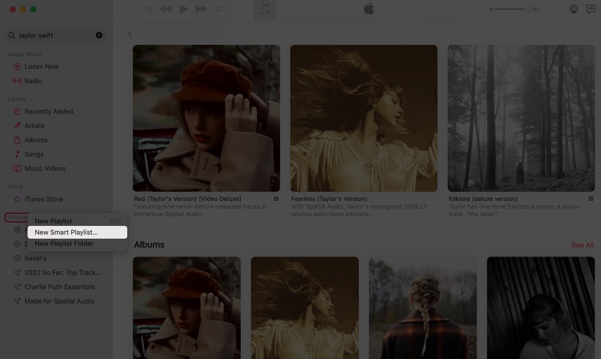 Choosing New Smart Playlist... in Apple Music on Mac