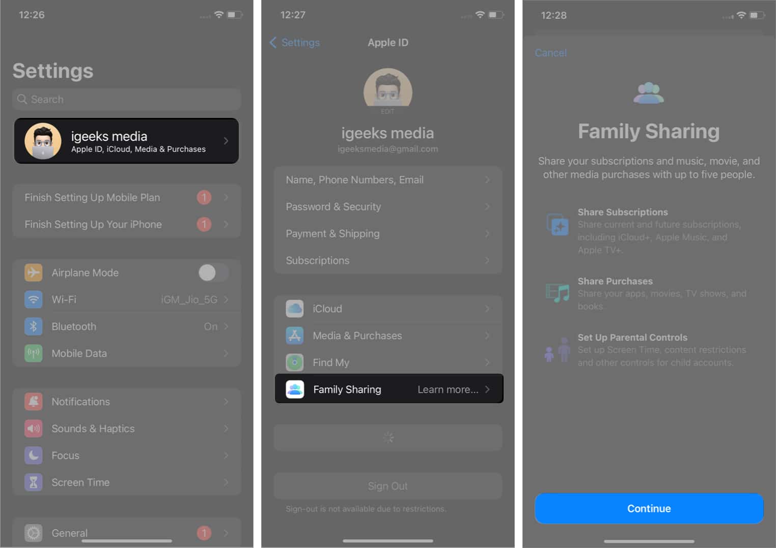 Ketik Teruskan untuk menyediakan Perkongsian Keluarga pada iPhone