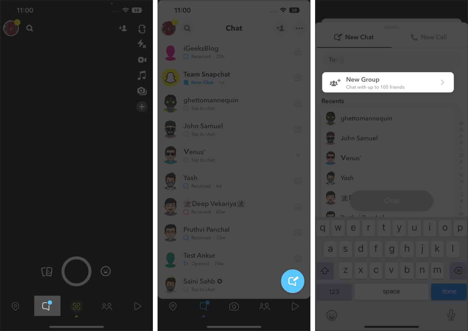 Tap New Group to create group on Snapchat