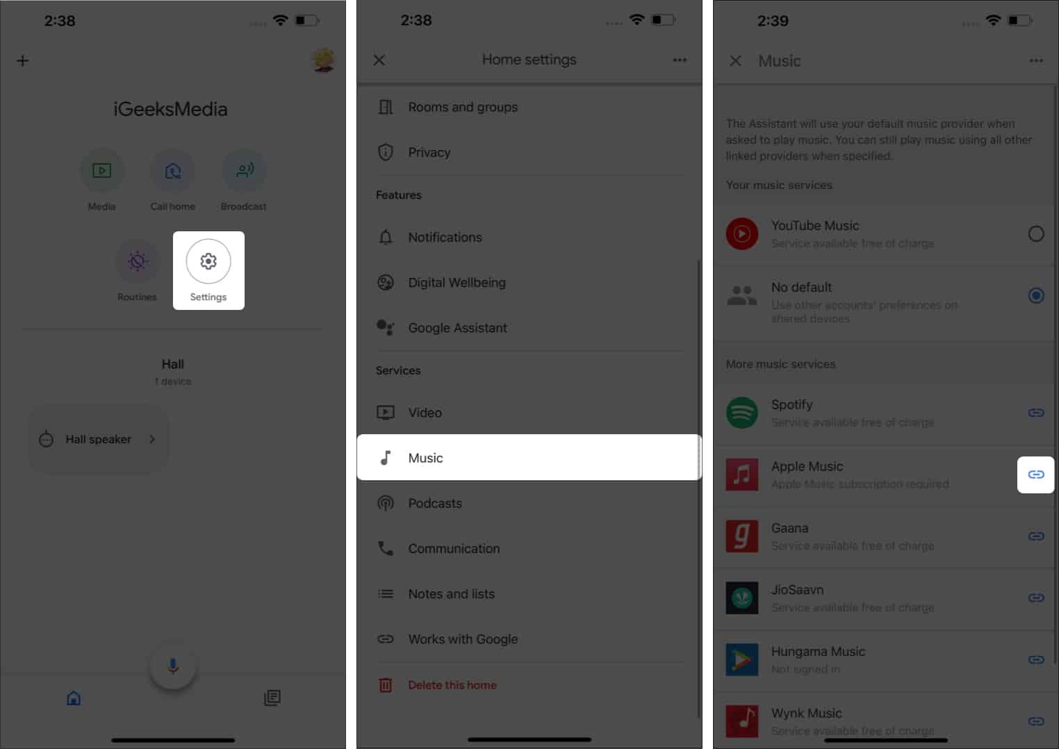 Ketik ikon Pautan di sebelah Apple Music daripada apl rumah Google