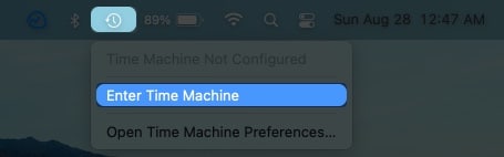 Time Machine icon in the Menu bar on a Mac